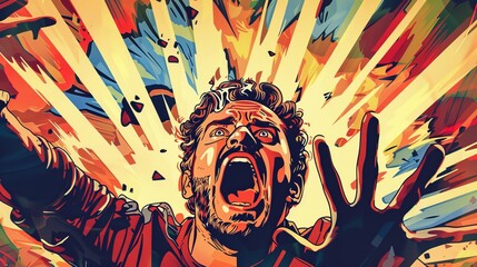 An illustration created using generative AI tools of a pop art style comic panel with a scared man screaming in fear.