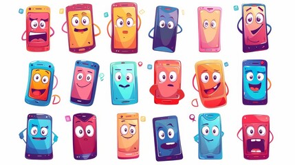 Cartoon character carrying a phone. A smart mobile gadget with eyes that are funny and a smile on its face. Set of modern poses for mobile phones.