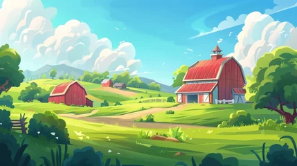 Naadloos Fotobehang Airtex Cartoon illustration of a farm with a barn and greenery © Mark