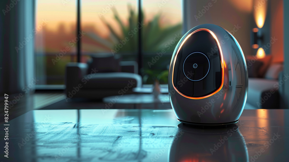 Aufkleber design a sleek, futuristic smart home device, incorporating holographic interfaces and metallic fini