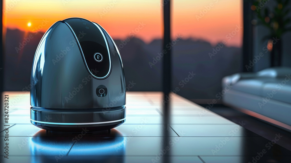 Aufkleber design a sleek, futuristic smart home device, incorporating holographic interfaces and metallic fini