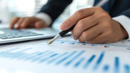 Close up of a businessman's hand holding a pen working with a financial chart and data on a desk in an office.