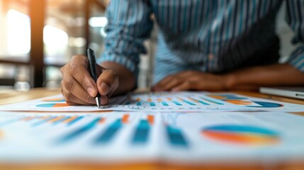 Fototapeta premium Close up of a businessman's hand holding a pen working with a financial chart and data on a desk in an office.