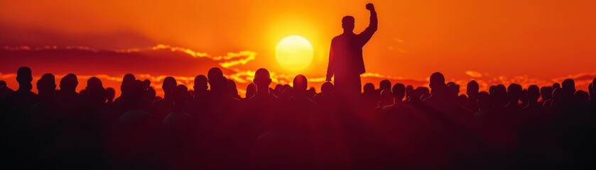 Fototapeta premium Moodfilled image of a protest scene, a sea of silhouettes with one persons fist prominently raised, the setting sun casting an orange glow over the determined crowd