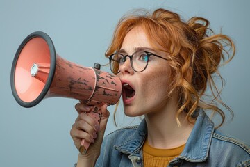 Naklejka premium Young women holding horns shouting