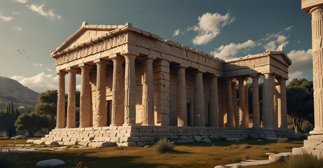Obraz premium Greek temple, complete with columns and friezes, set in a serene landscape