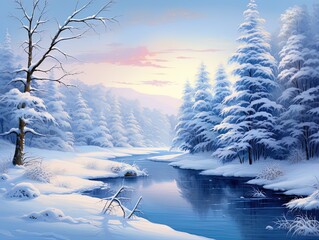Snowy winter landscape. Snow-capped forest and frozen river. Winter landscape with snow.