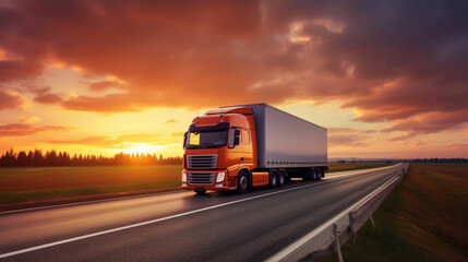 Container Truck on highway road at sunset blue sky background