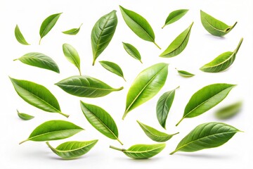 Fresh green tea leave falling on white background