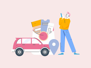 Flat vector concept operation hand drawn illustration of people taking a taxi
