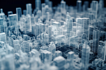 cityscape made of white and blue wireframe hologram buildings, skyscrapers, modern architecture, transparent glass cubes with buildings in perspective, illustration // ai-generated 