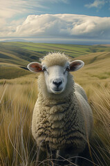 Fototapeta premium Grassland sheep scenery. Generative AI.
