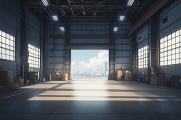 a large warehouse with a bright light coming through