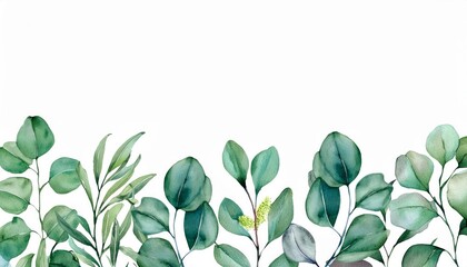 Elegant watercolor painted green leaves and branches on a white background