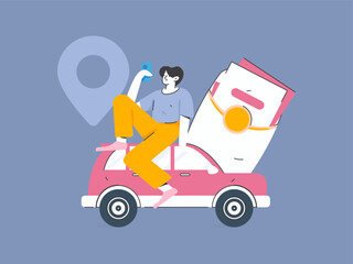 Flat vector concept operation hand drawn illustration of people taking a taxi
