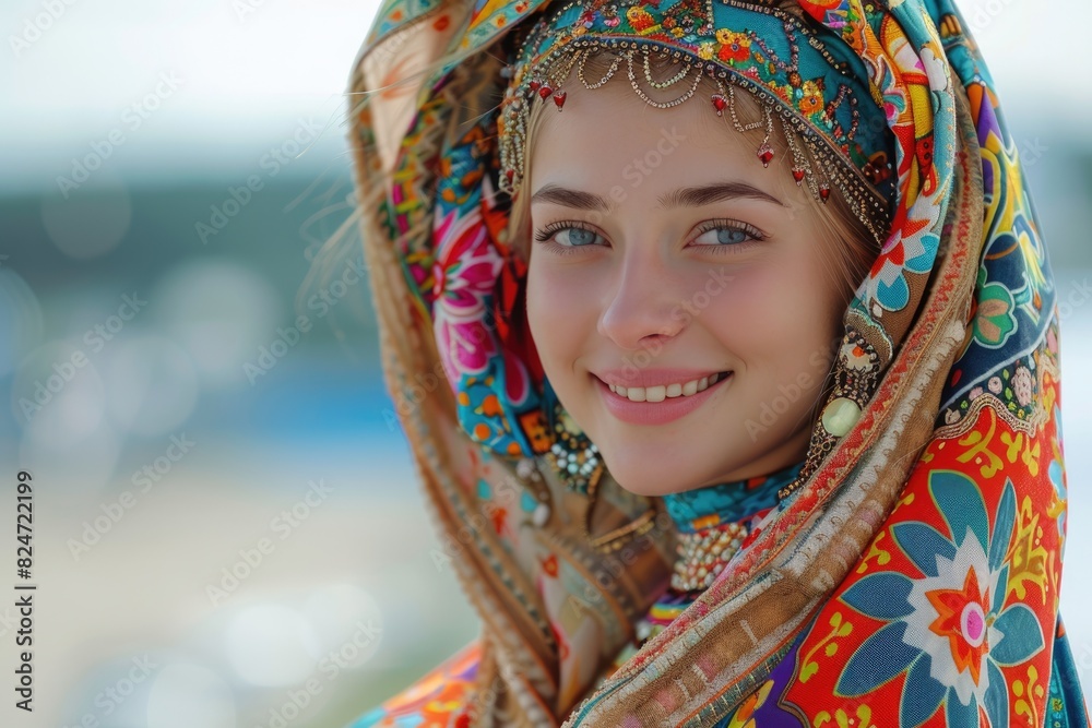 Wall mural Young Russian women wearing ethnic costumes