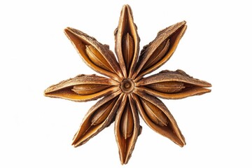 Close-up of a star anise spice on a white background, showcasing its brown, star-shaped pods filled with seeds.