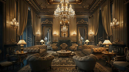 A luxurious living room with ornate moldings, intricate chandeliers, and plush, tufted sofas in rich fabrics. 