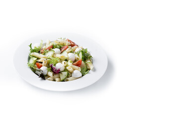 Pasta salad with vegetables and mozzarella cheese isolated on white background. Copy space