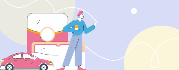 Flat vector concept operation hand drawn illustration of people taking a taxi
