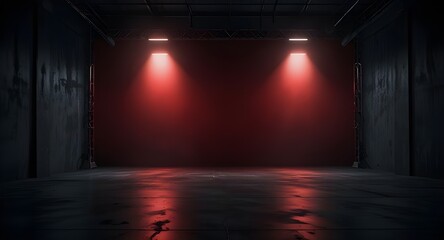 the dark stage shows red background an empty dark scene neon light spotlights the asphalt floor and...