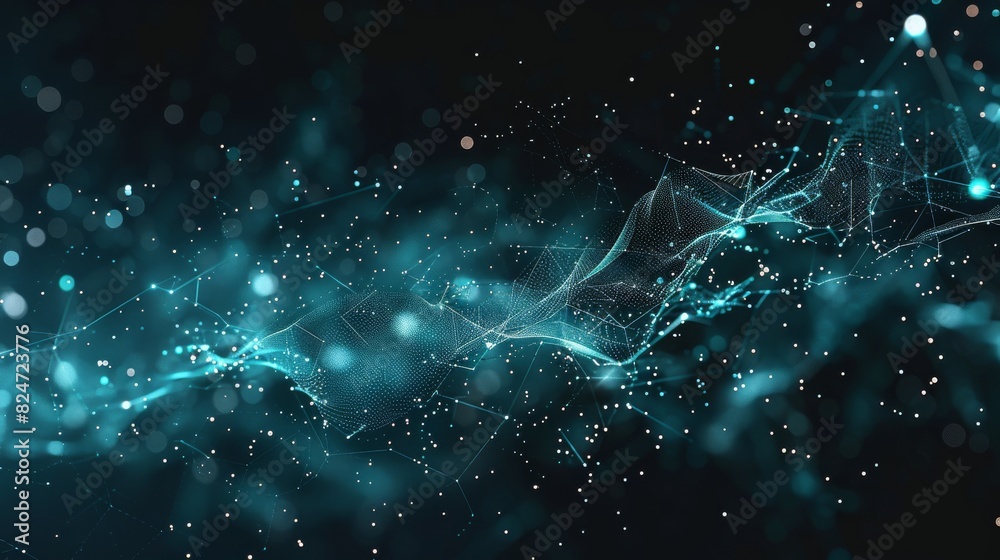 Poster turquoise image of data science, diagrams, maps, lines, flying in a black background. generative ai.