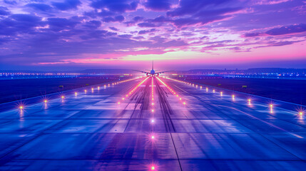 Obraz premium An airplane takes off at dawn on a lit runway, with a vibrant sunrise painting the sky in pink and purple hues.