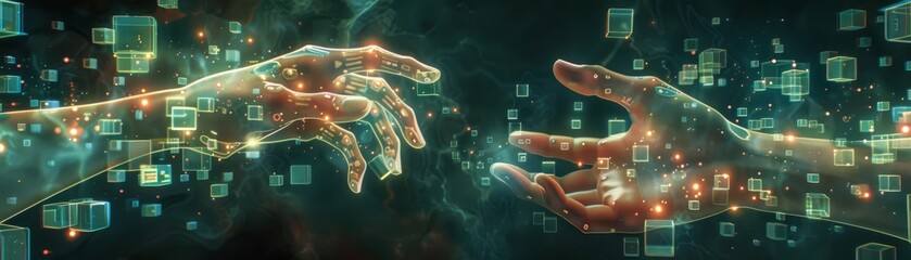 Obraz premium Panoramic digital illustration of two translucent hands amidst a constellation of glowing data cubes, symbolizing the interface between human touch and advanced technology
