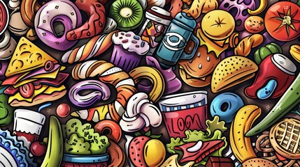 Cartoon illustration of fast food objects and elements. A colorful modern banner created using generational AI.