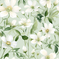 Soft and subtle watercolor wildflowers with white petals and green leaves, creating a seamless vintage-inspired pattern for a luxurious aesthetic