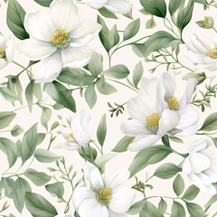 Obraz premium Soft and subtle watercolor wildflowers with white petals and green leaves, creating a seamless vintage-inspired pattern for a luxurious aesthetic