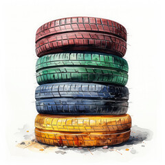 Watercolor Stacked Tires Illustration, Generative Ai