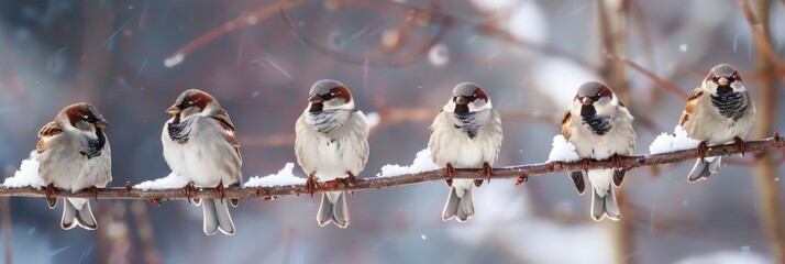 Winter Birds. Five Funny Sparrows Perched on Branch in Cold Winter Garden