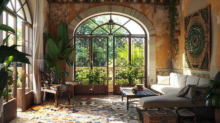 A Mediterranean living room with terracotta tiles, a mosaic mirror, and wrought iron window...