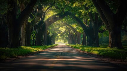 Fototapeta premium A serene pathway beneath a lush canopy of trees, with sunlight filtering through the leaves, creating a peaceful, natural tunnel of green.