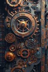 Clockwork mechanisms with intricate gears and steampunk style, offering a detailed and vintage industrial background