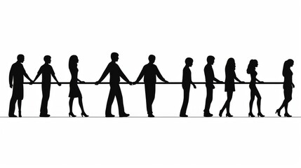 Holding hands stick figure people man woman vector icon pictogram set. Stickman human standing together in line row border male female silhouette on white background