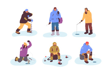 People are at ice fishing set. Fishers catch fish through holes in frozen lake. Fishermans angling with rods and equipment at winter season. Flat isolated vector illustrations on white background