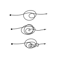 Knot arrow line. Doodle chaos mindset, mess concept with freehand scrawl sketch, set of black scribble. Vector hand drawn difficult thought process with concept arrows tangle paths