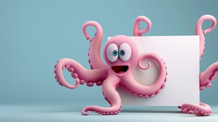 Animated pink octopus with a blank sign in his tentacles underwater.