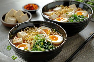 Asian Miso ramen noodles with egg, tofu, and enoki served in bowls on a grey wooden backdrop.