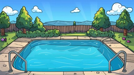 Animated summer swimming pool scene illustration drawn by hand