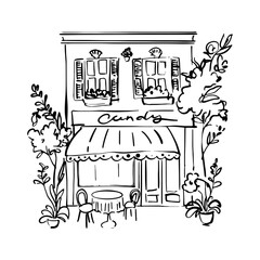 Street cafe in old town vector illustration without people. French Street Cafe doodle sketch  © shedesign