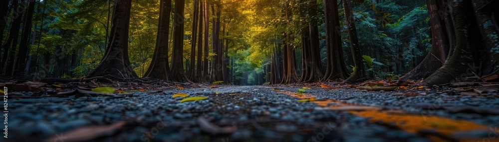 Aufkleber a serene forest pathway with sunlight peeking through tall trees, creating a tranquil and peaceful a