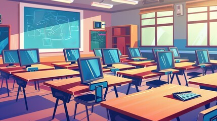 A cartoon illustration of an empty high school college university computer science classroom. The motif is an interior room with objects, a desk board, a chair, a monitor board, and books. The