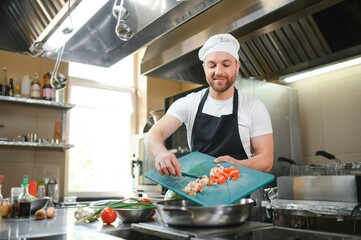 Portrait of handsome positive chef cook at the restaurant kitchen