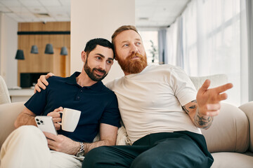 Happy gay couple in casual clothes, sitting on a couch with a cup of coffee in a modern living room.