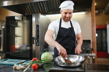 Gourmet chef in uniform cooking in a commercial kitchen