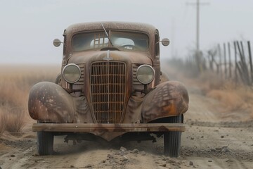 an old rusted car on a dirt road
