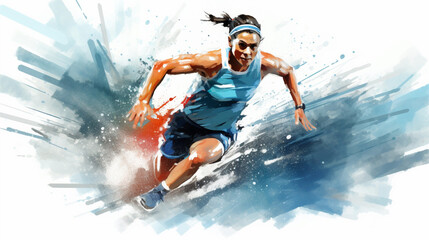 Athlete running at full speed in splash watercolor style, paris olympics depiction
